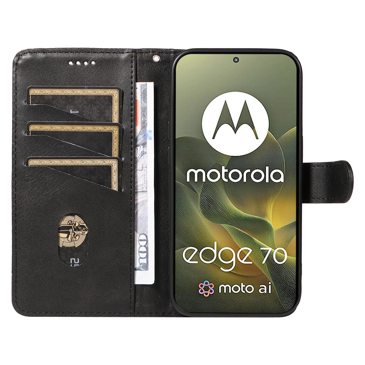 For Motorola Edge 70 5G Wallet Case T-Shape Lines Leather Phone Cover Stand -  Black