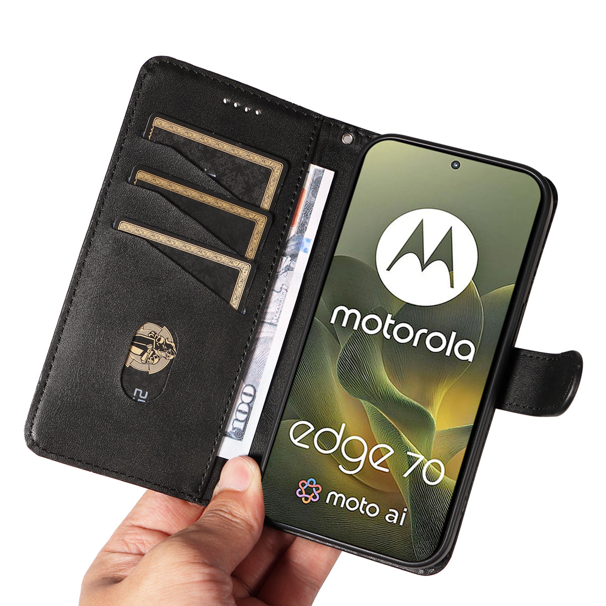 For Motorola Edge 70 5G Wallet Case T-Shape Lines Leather Phone Cover Stand -  Black