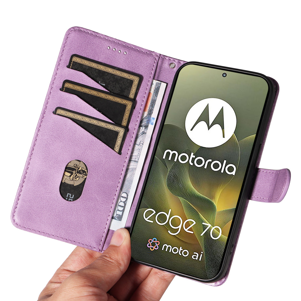 For Motorola Edge 70 5G Wallet Case T-Shape Lines Leather Phone Cover Stand -  Light Purple