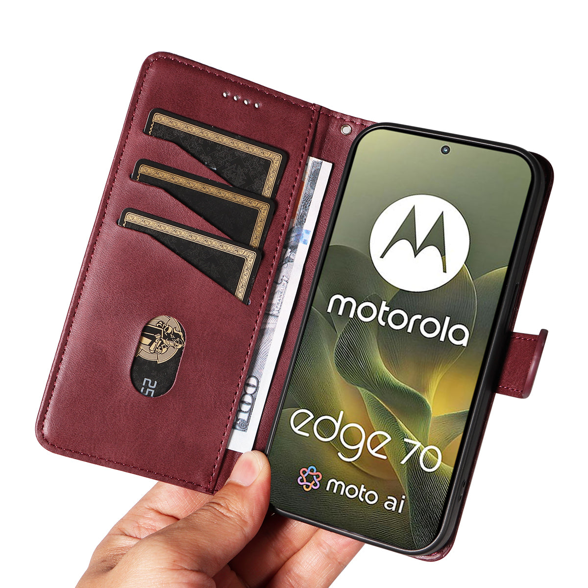 For Motorola Edge 70 5G Wallet Case T-Shape Lines Leather Phone Cover Stand - Wine Red