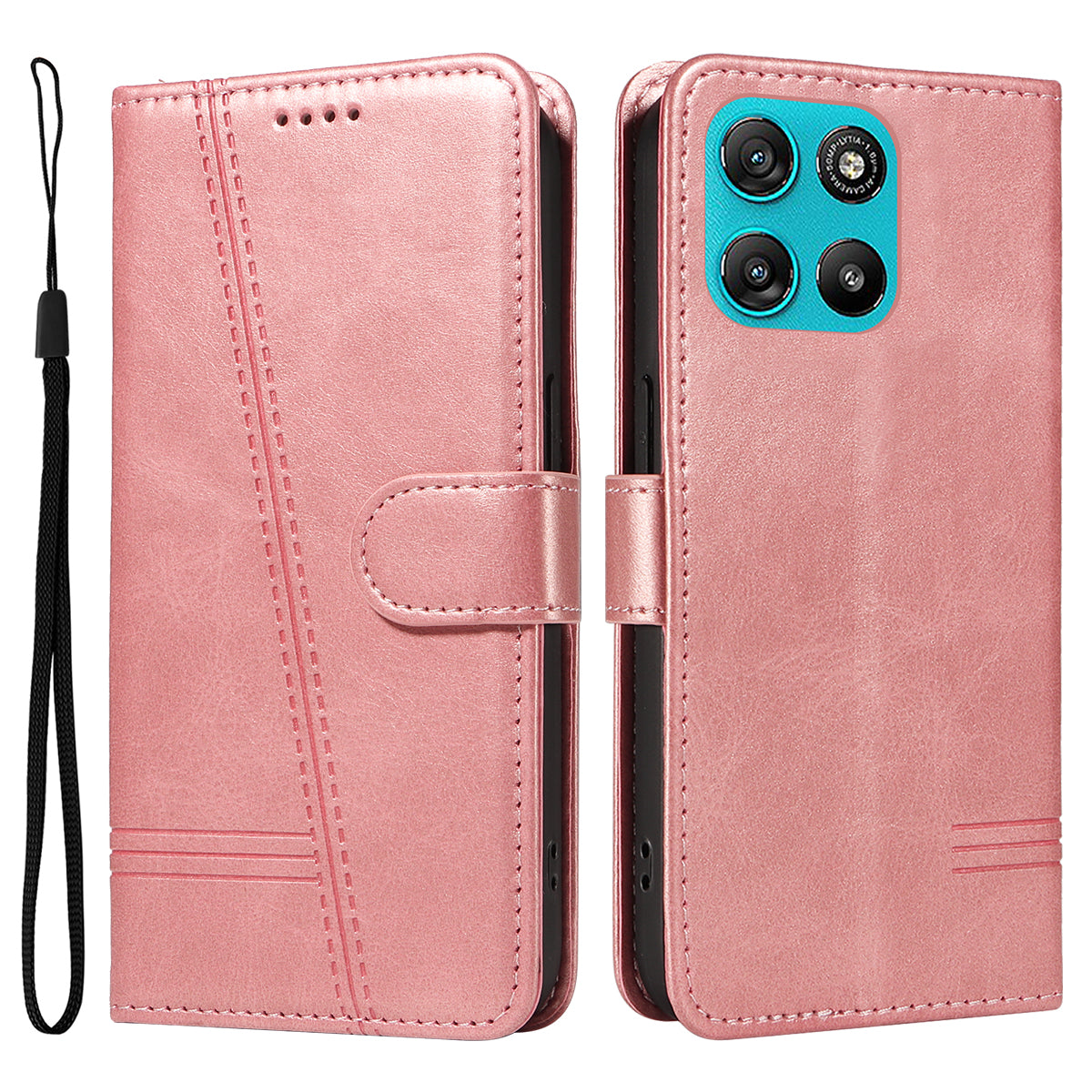 For Motorola Moto G57 Power 5G / Motorola Moto G100 5G (2025) / Motorola Moto G67 Power 5G Wallet Case T-Shape Lines Leather Phone Cover Stand - Rose Gold