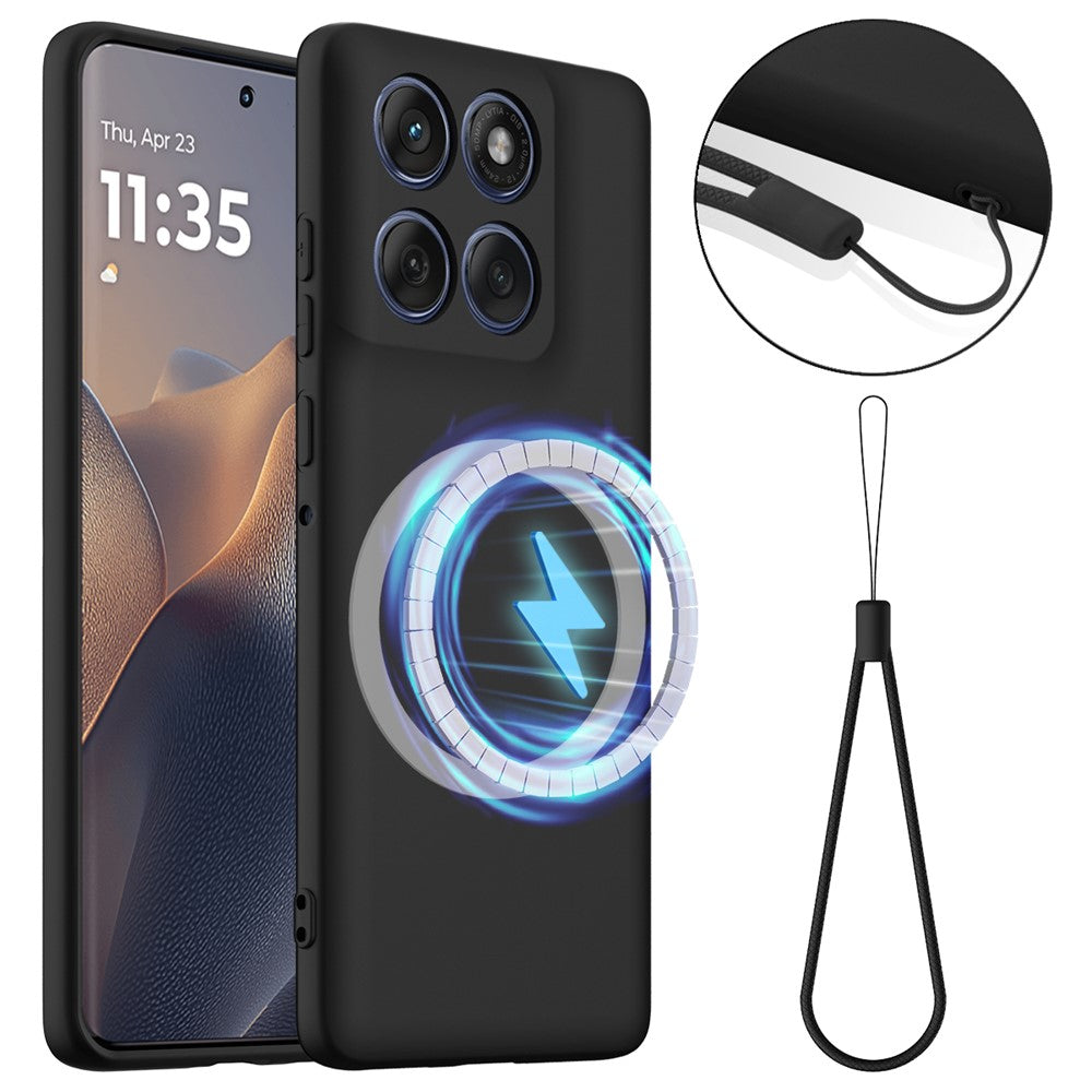 For Motorola Edge 70 5G Magnetic Case Anti-Drop Liquid Silicone Phone Cover with Lanyard - Black