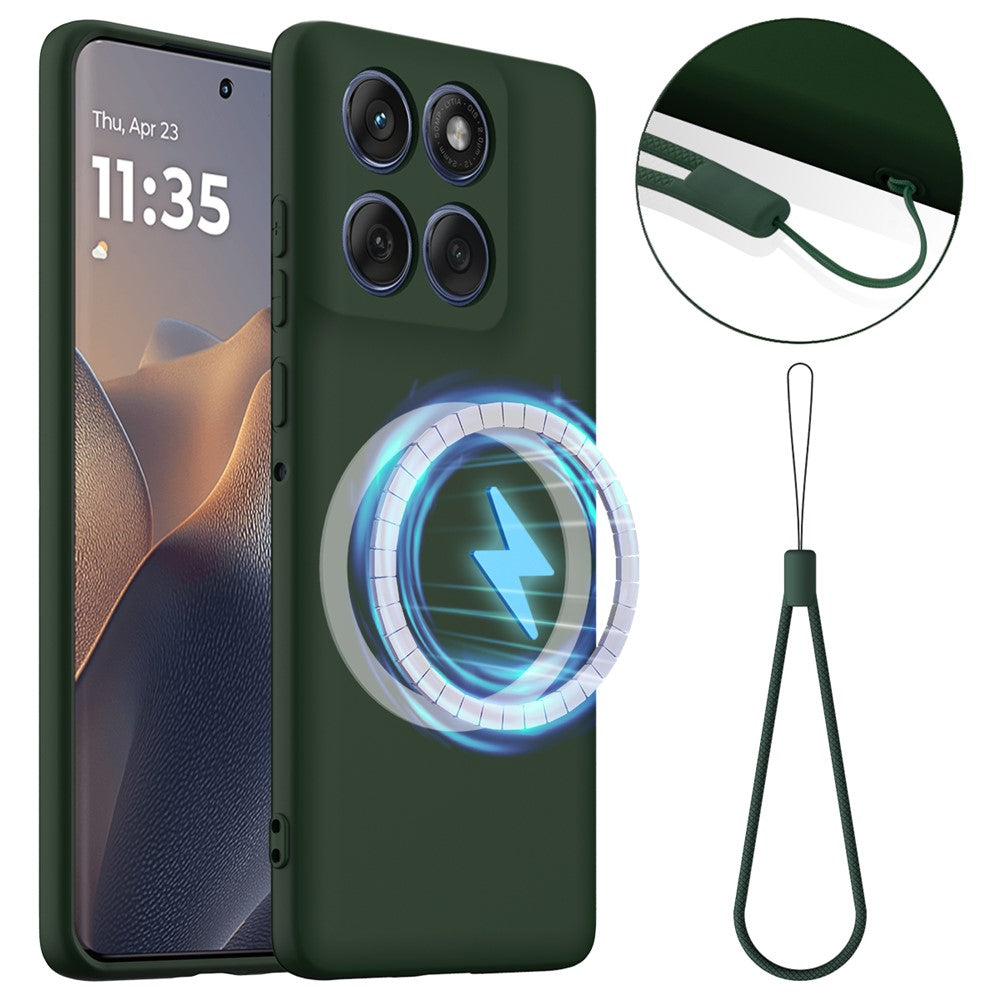 For Motorola Edge 70 5G Magnetic Case Anti-Drop Liquid Silicone Phone Cover with Lanyard - Dark Green