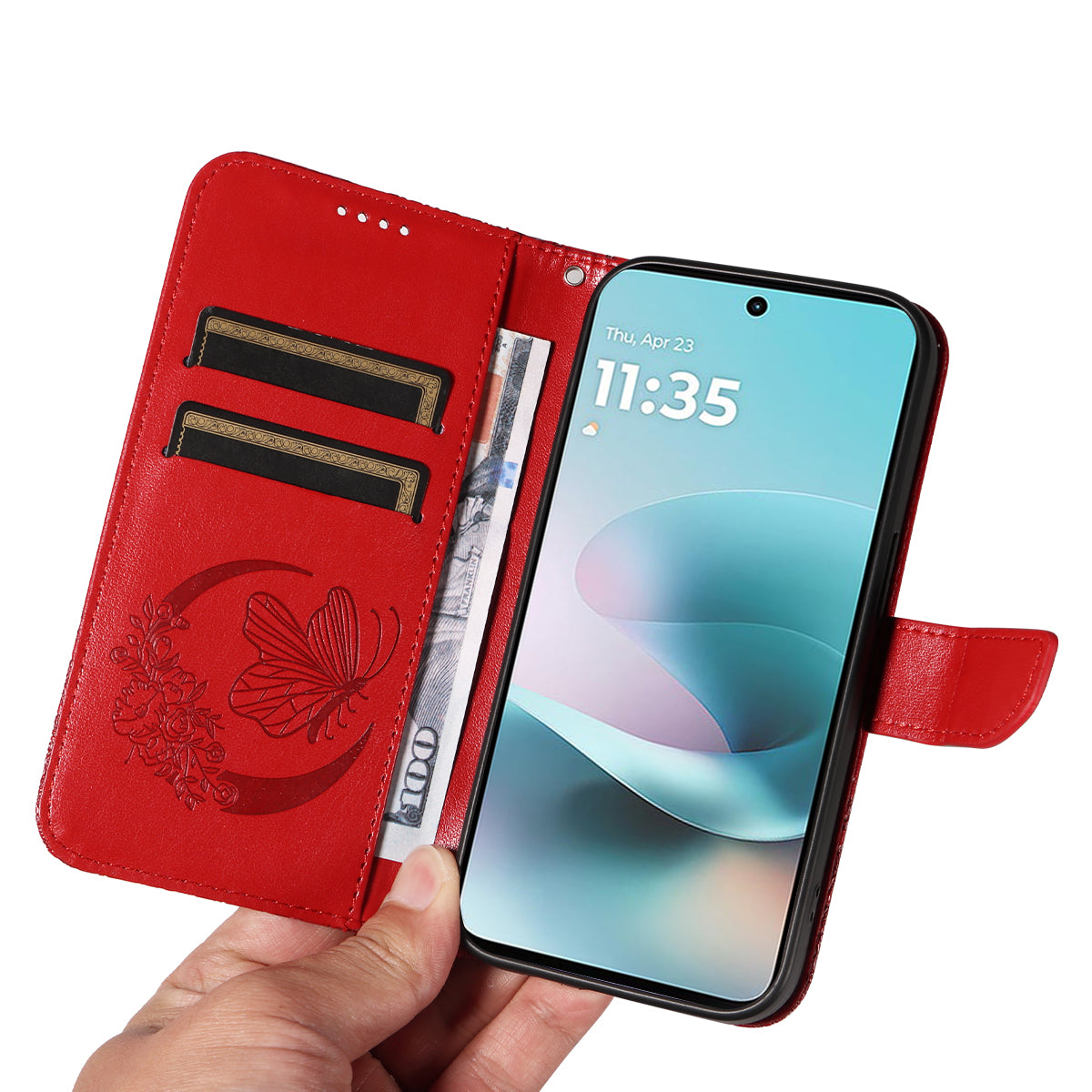 For Motorola Moto G100 5G (2025) / Motorola Moto G57 Power 5G / Motorola Moto G67 Power 5G Case Butterfly Pattern PU Leather Folio Flip Phone Cover -  Red