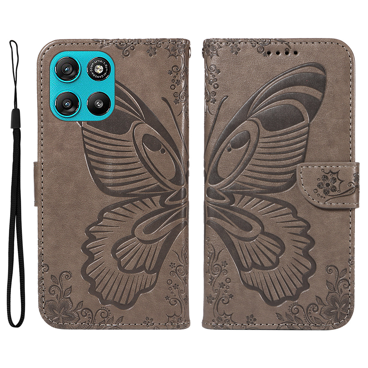 For Motorola Moto G100 5G (2025) / Motorola Moto G57 Power 5G / Motorola Moto G67 Power 5G Case Butterfly Pattern PU Leather Folio Flip Phone Cover - Grey