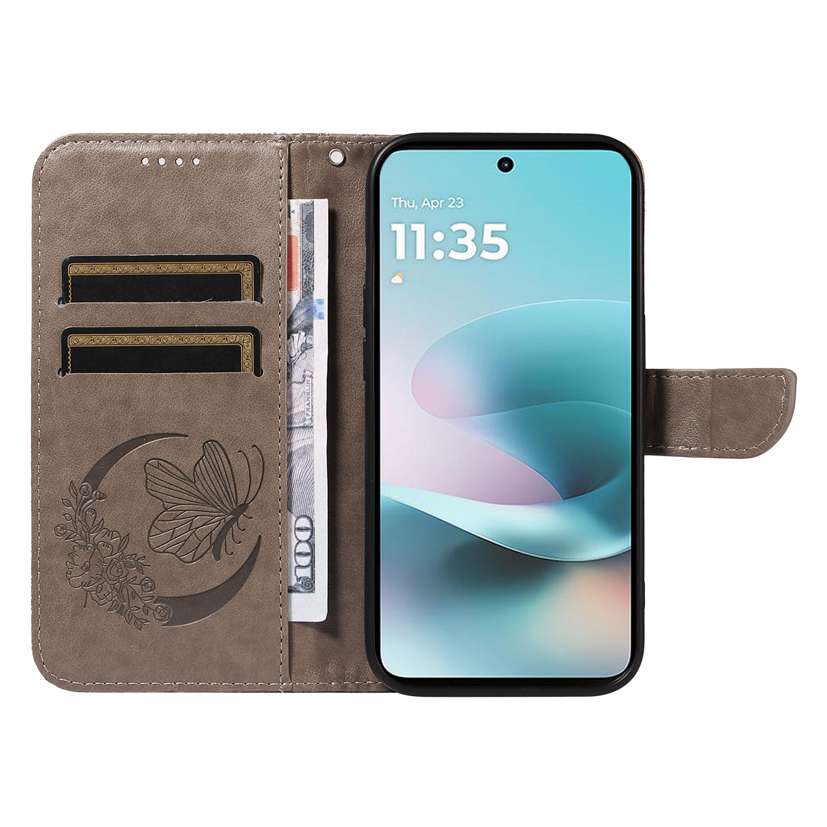 For Motorola Moto G100 5G (2025) / Motorola Moto G57 Power 5G / Motorola Moto G67 Power 5G Case Butterfly Pattern PU Leather Folio Flip Phone Cover - Grey