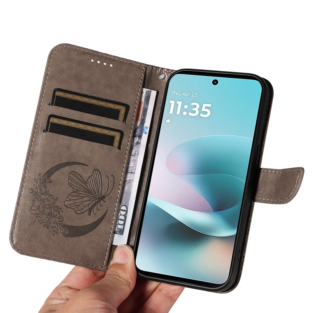 For Motorola Moto G100 5G (2025) / Motorola Moto G57 Power 5G / Motorola Moto G67 Power 5G Case Butterfly Pattern PU Leather Folio Flip Phone Cover - Grey