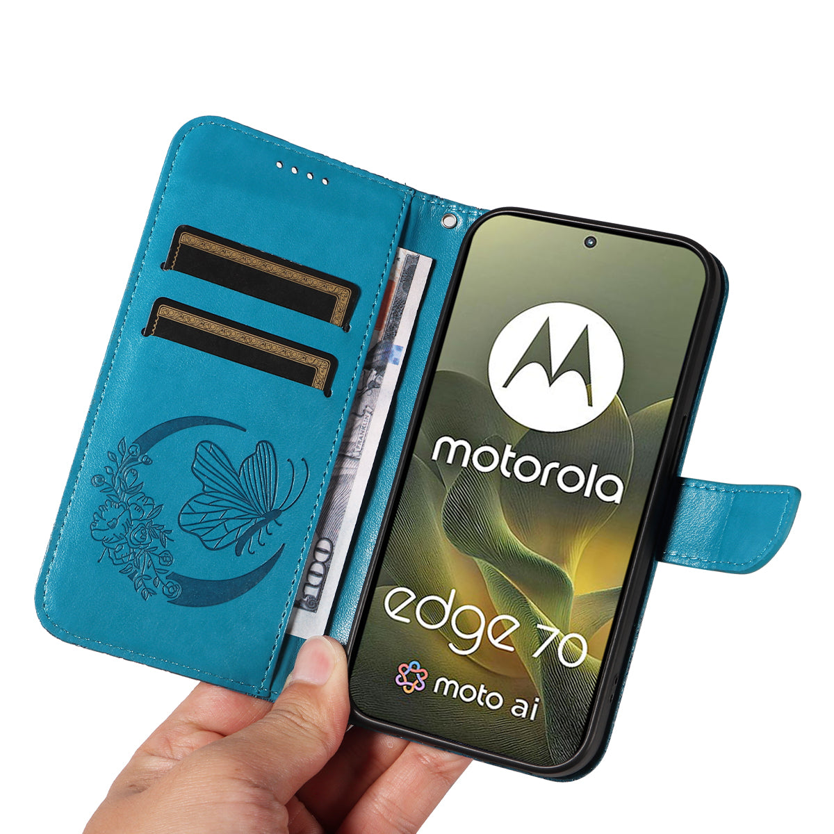For Motorola Edge 70 5G Case Butterfly Pattern PU Leather Folio Flip Phone Cover -  Blue