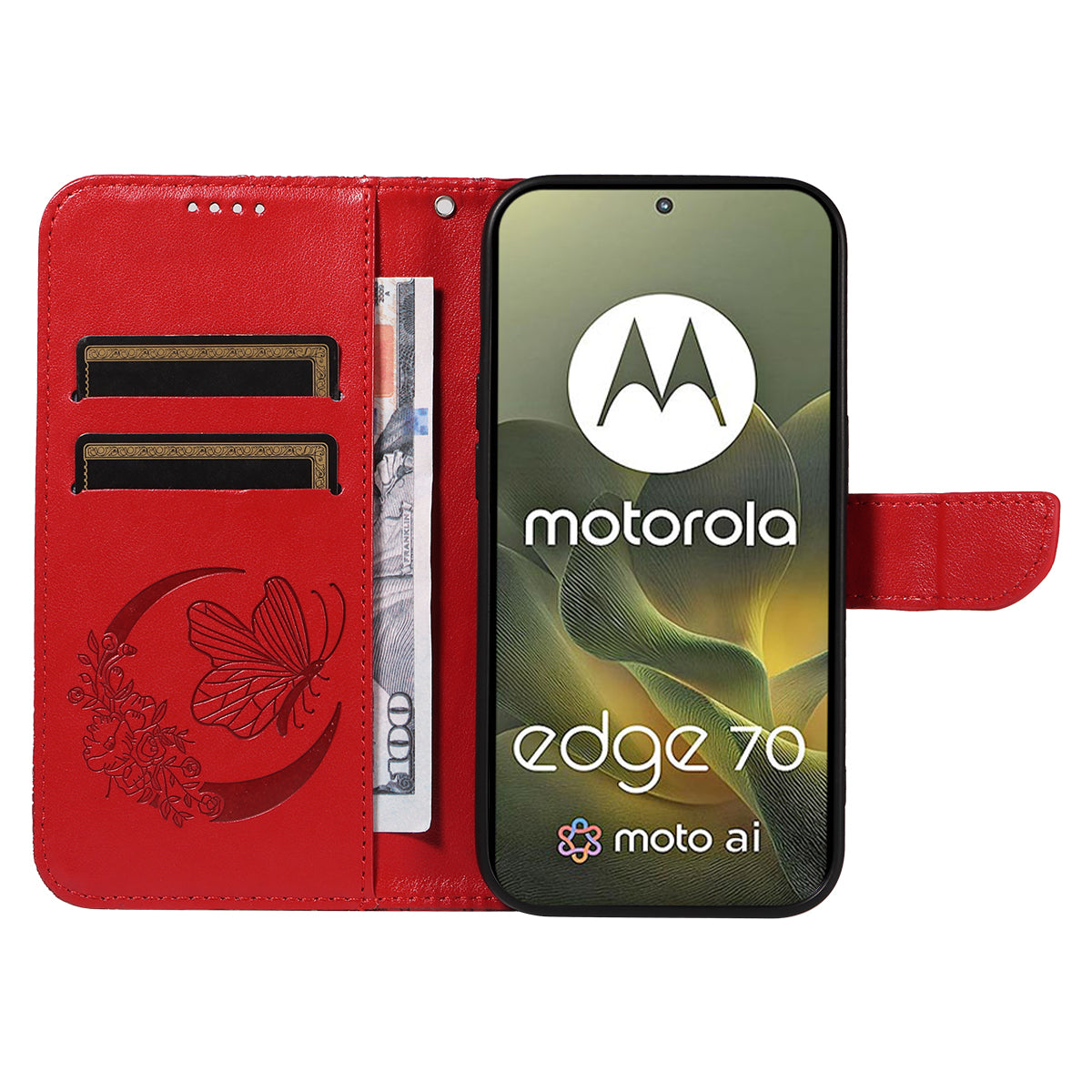 For Motorola Edge 70 5G Case Butterfly Pattern PU Leather Folio Flip Phone Cover -  Red