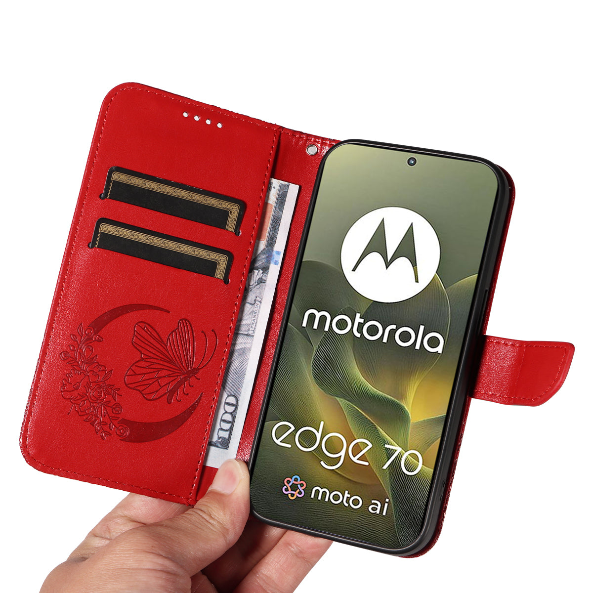 For Motorola Edge 70 5G Case Butterfly Pattern PU Leather Folio Flip Phone Cover -  Red