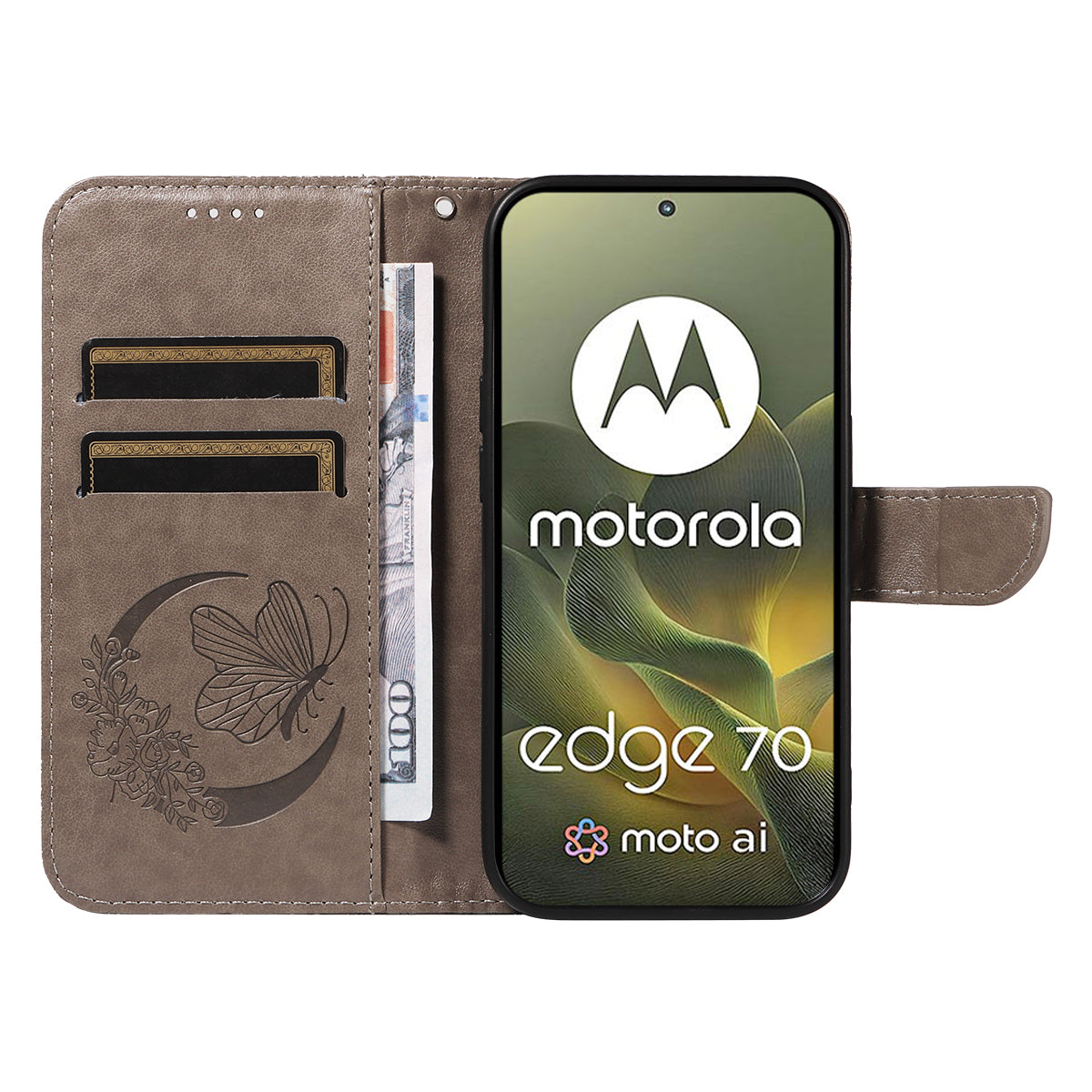 For Motorola Edge 70 5G Case Butterfly Pattern PU Leather Folio Flip Phone Cover - Grey