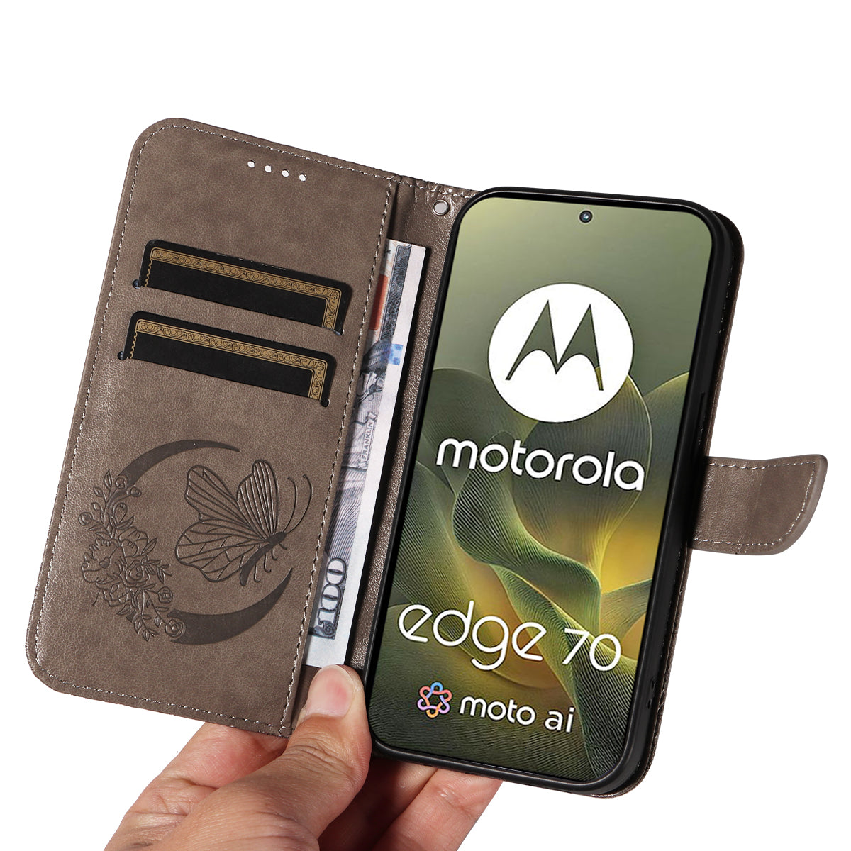 For Motorola Edge 70 5G Case Butterfly Pattern PU Leather Folio Flip Phone Cover - Grey