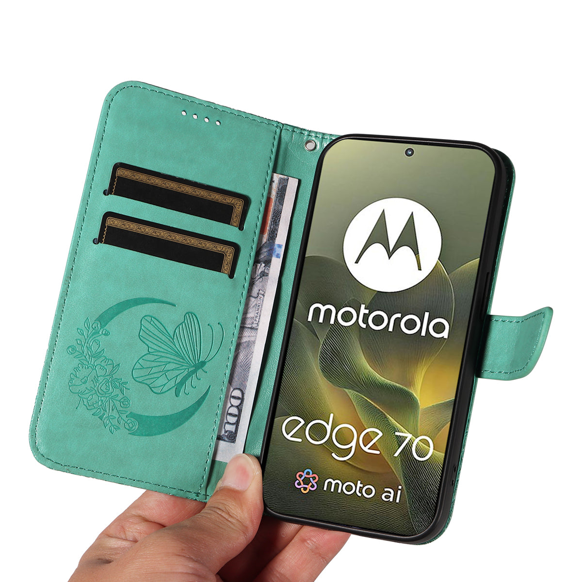 For Motorola Edge 70 5G Case Butterfly Pattern PU Leather Folio Flip Phone Cover -  Green