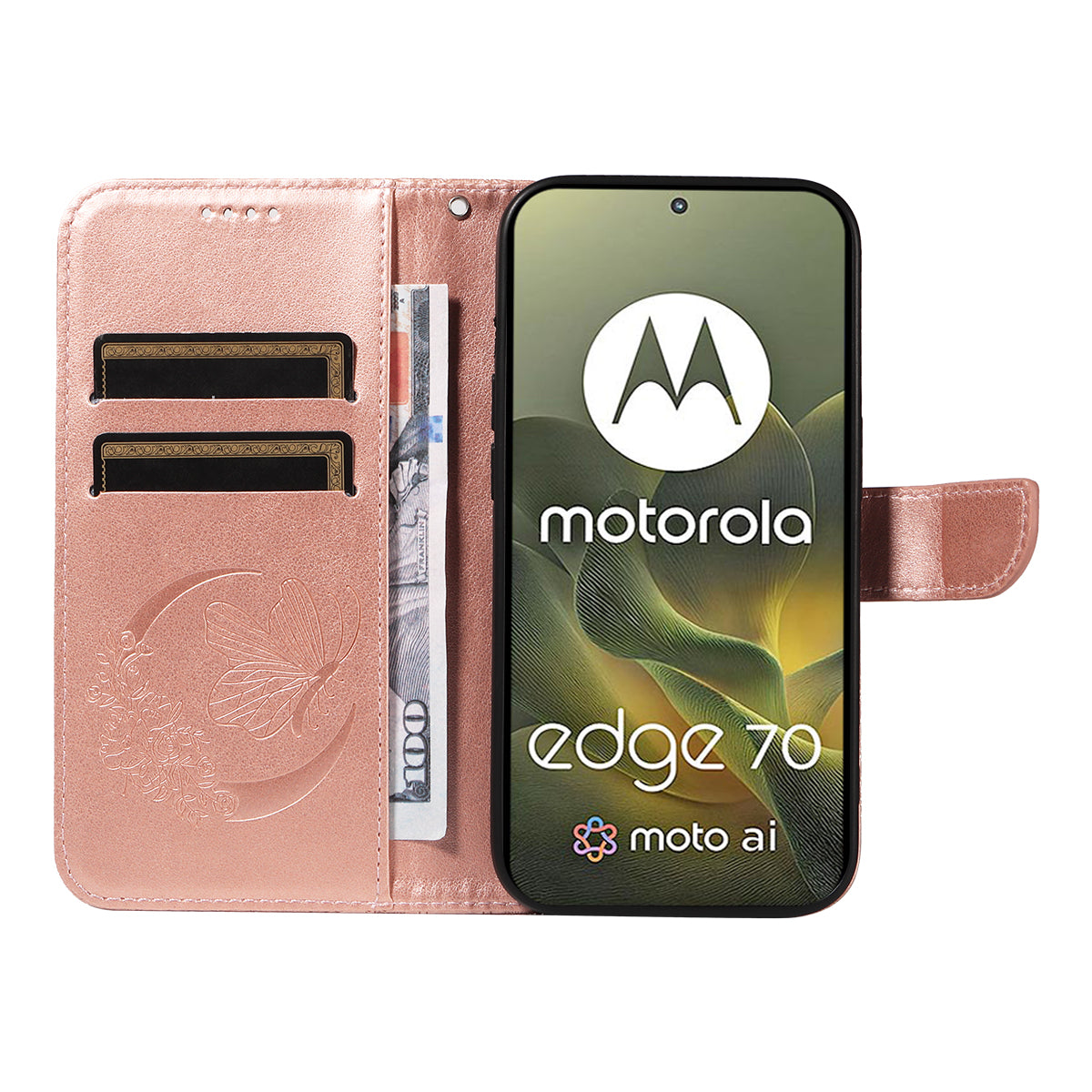For Motorola Edge 70 5G Case Butterfly Pattern PU Leather Folio Flip Phone Cover -  Rose Gold