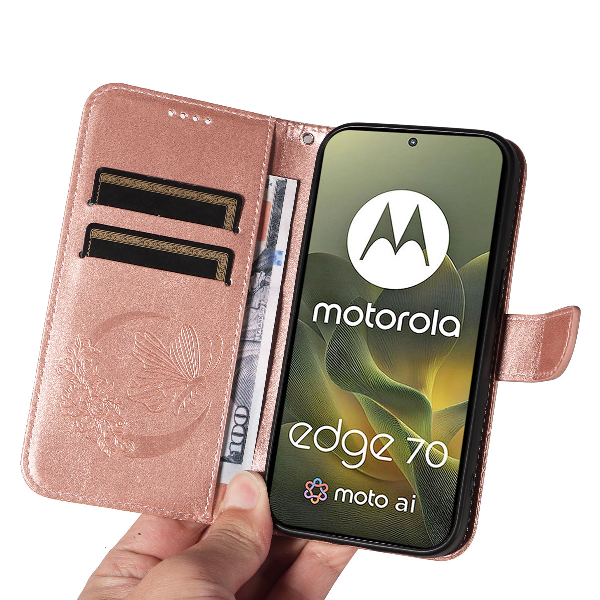 For Motorola Edge 70 5G Case Butterfly Pattern PU Leather Folio Flip Phone Cover -  Rose Gold