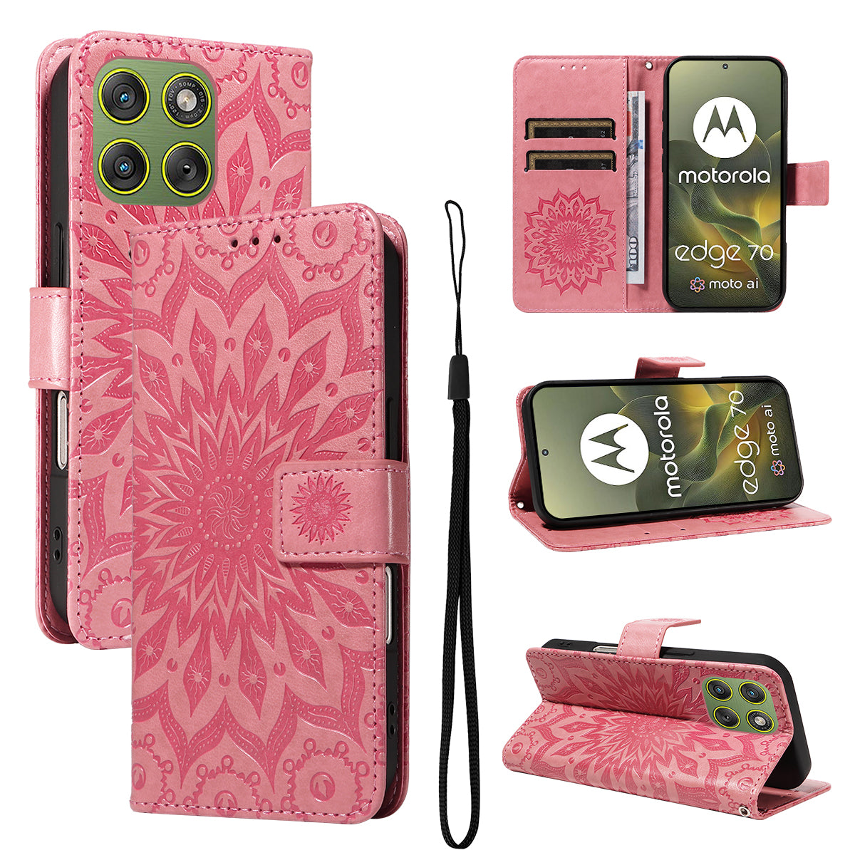 For Motorola Edge 70 5G Leather Wallet Case Sunflower Imprinted Phone Cover - Pink
