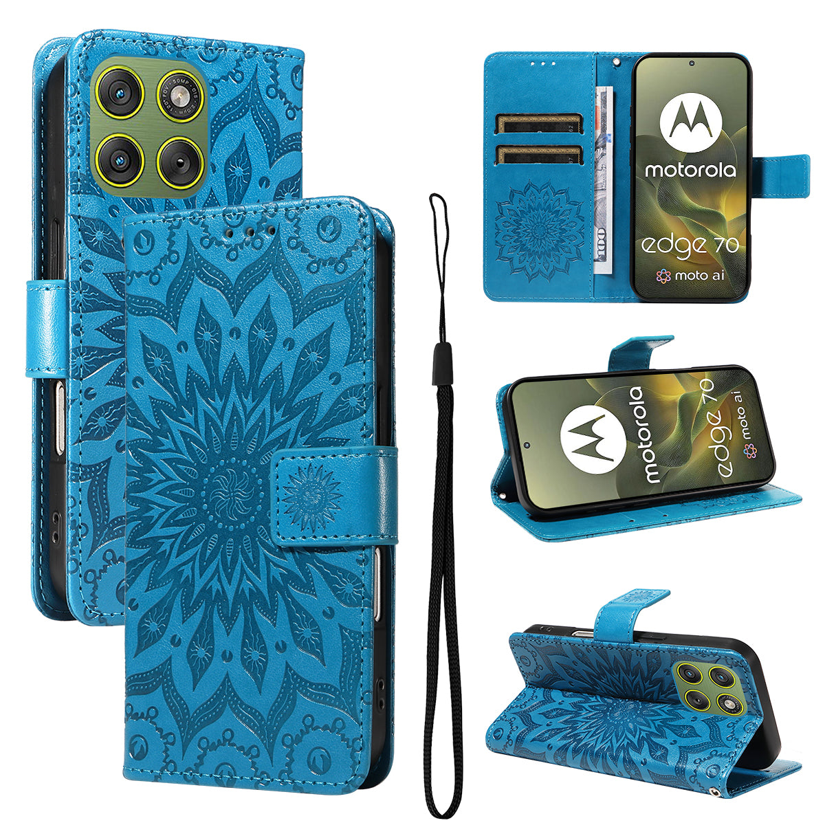For Motorola Edge 70 5G Leather Wallet Case Sunflower Imprinted Phone Cover - Blue