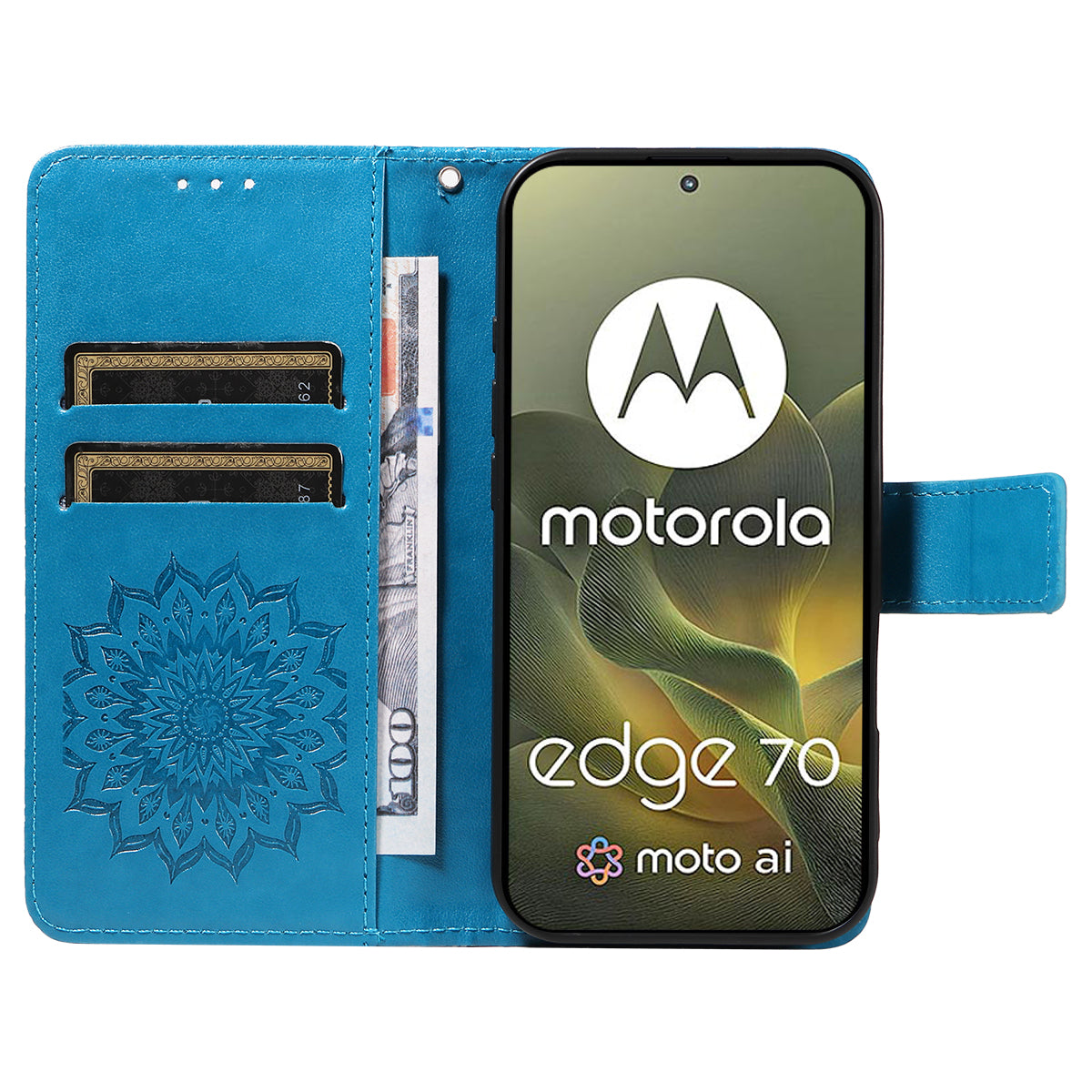 For Motorola Edge 70 5G Leather Wallet Case Sunflower Imprinted Phone Cover - Blue