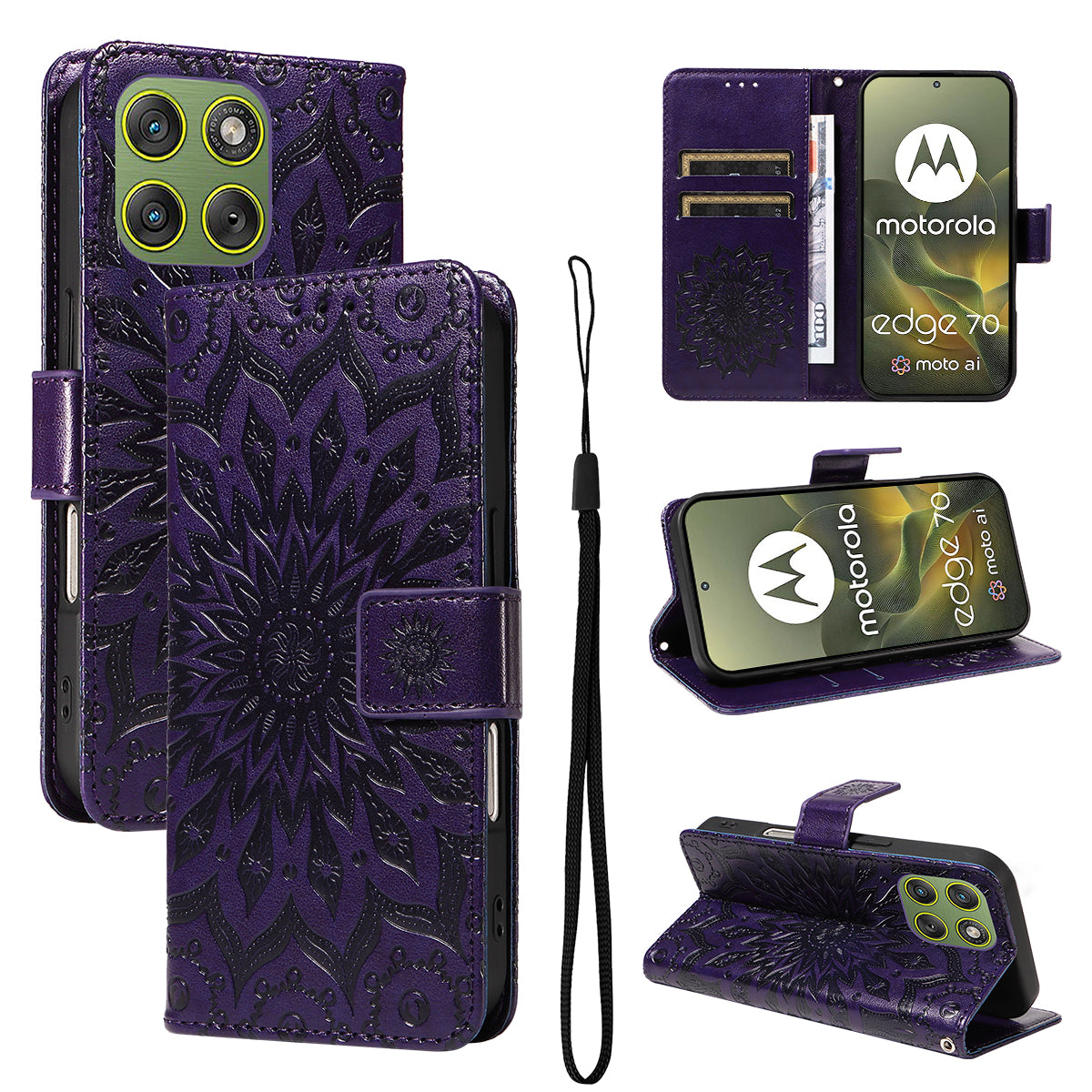For Motorola Edge 70 5G Leather Wallet Case Sunflower Imprinted Phone Cover - Purple