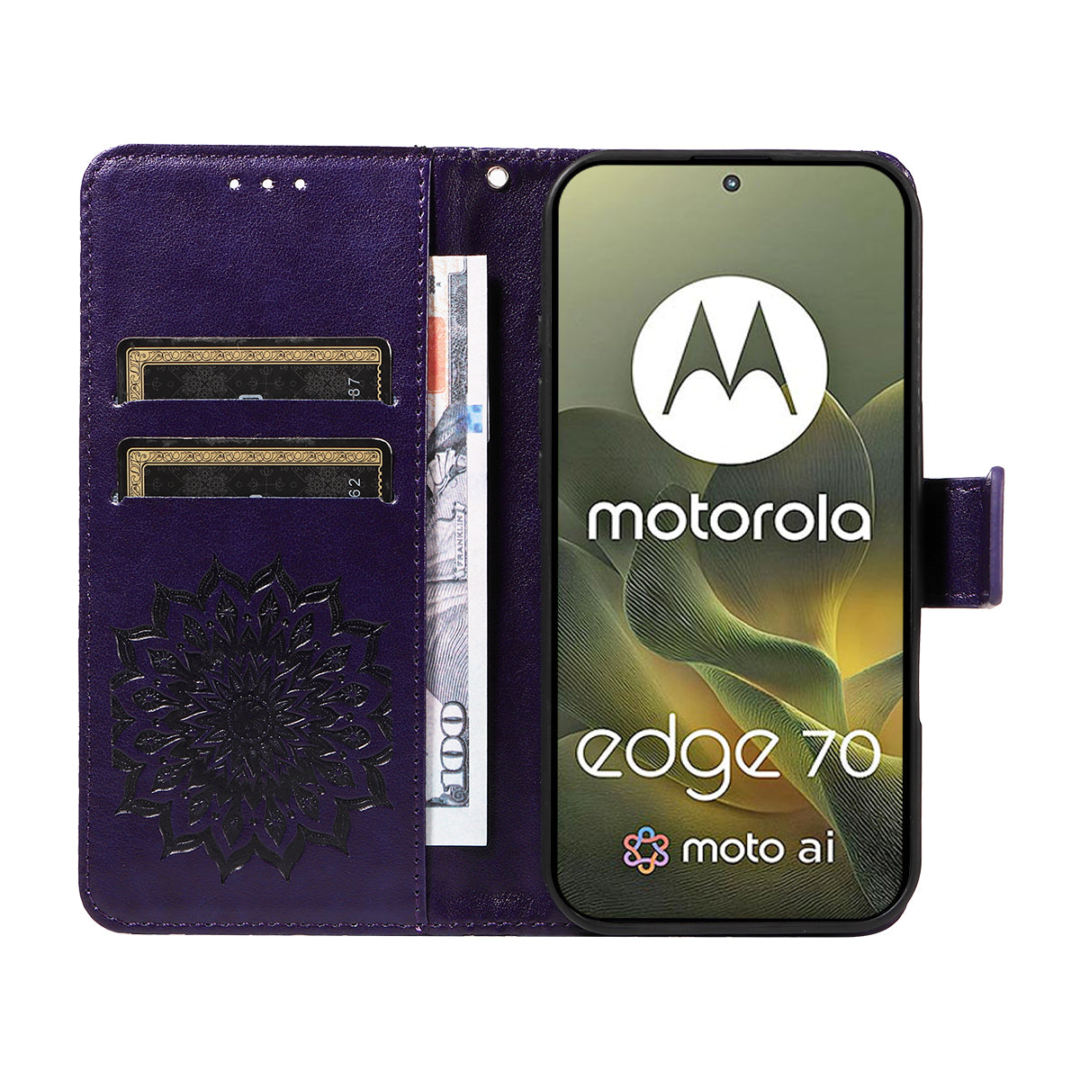 For Motorola Edge 70 5G Leather Wallet Case Sunflower Imprinted Phone Cover - Purple