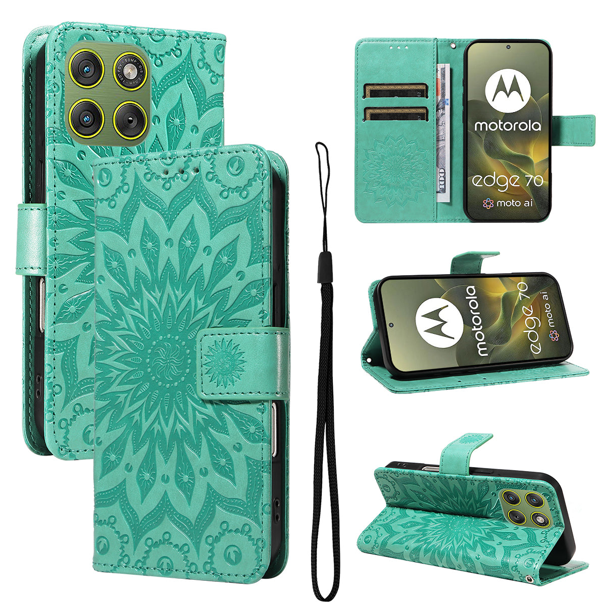 For Motorola Edge 70 5G Leather Wallet Case Sunflower Imprinted Phone Cover - Green