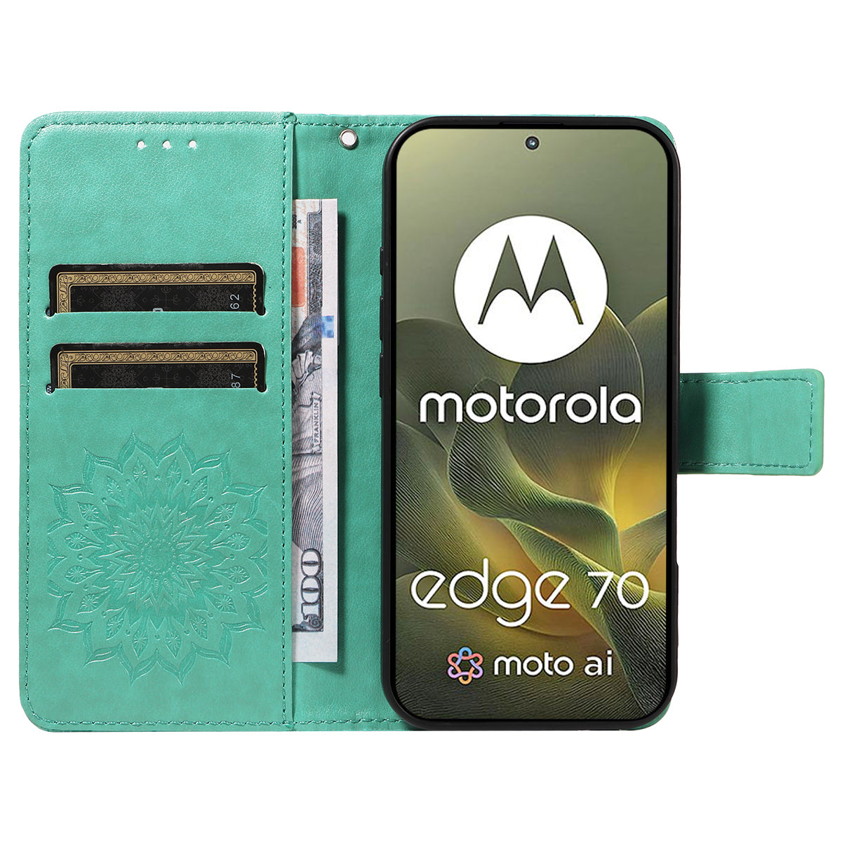 For Motorola Edge 70 5G Leather Wallet Case Sunflower Imprinted Phone Cover - Green
