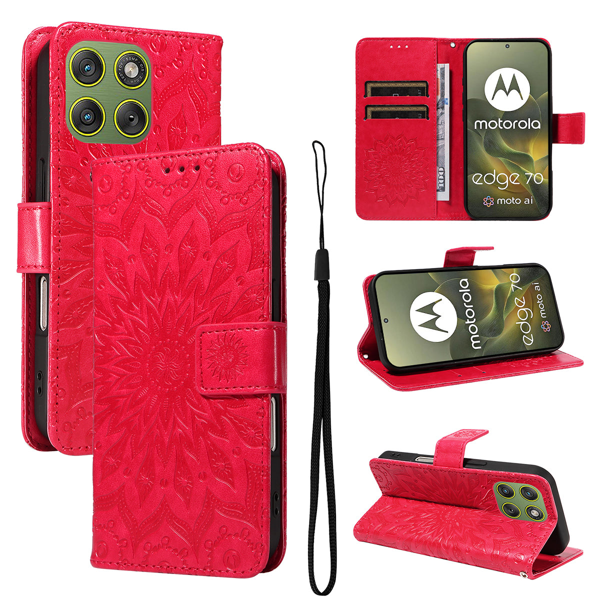 For Motorola Edge 70 5G Leather Wallet Case Sunflower Imprinted Phone Cover - Red
