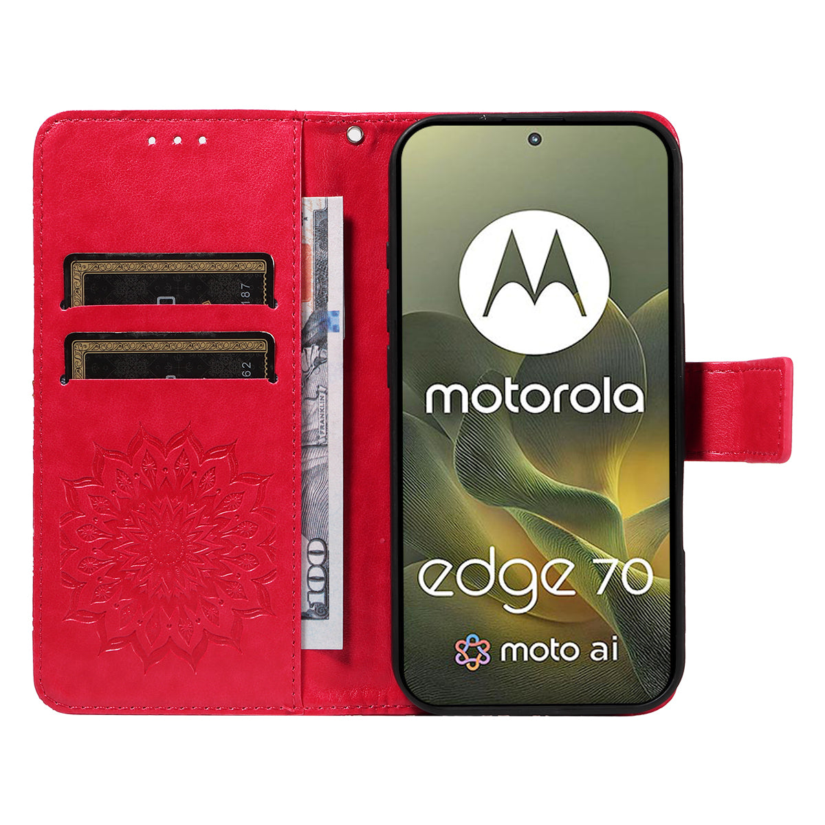 For Motorola Edge 70 5G Leather Wallet Case Sunflower Imprinted Phone Cover - Red