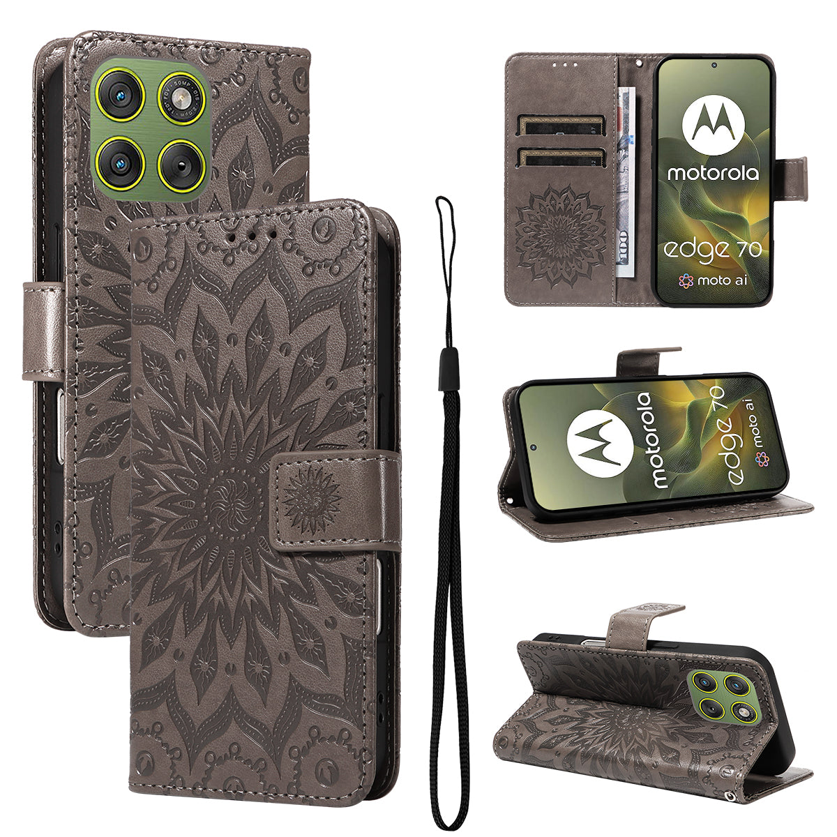 For Motorola Edge 70 5G Leather Wallet Case Sunflower Imprinted Phone Cover - Grey