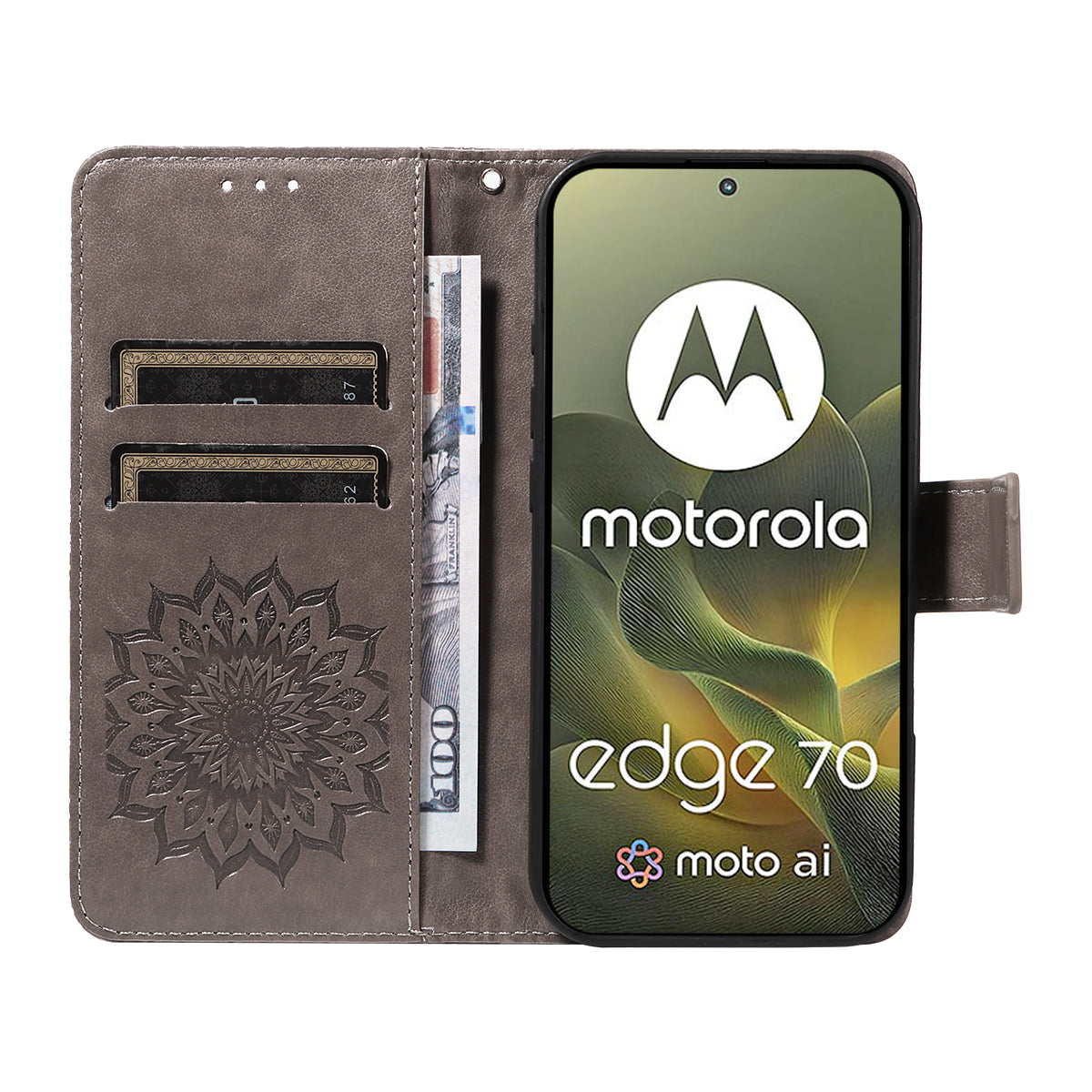 For Motorola Edge 70 5G Leather Wallet Case Sunflower Imprinted Phone Cover - Grey