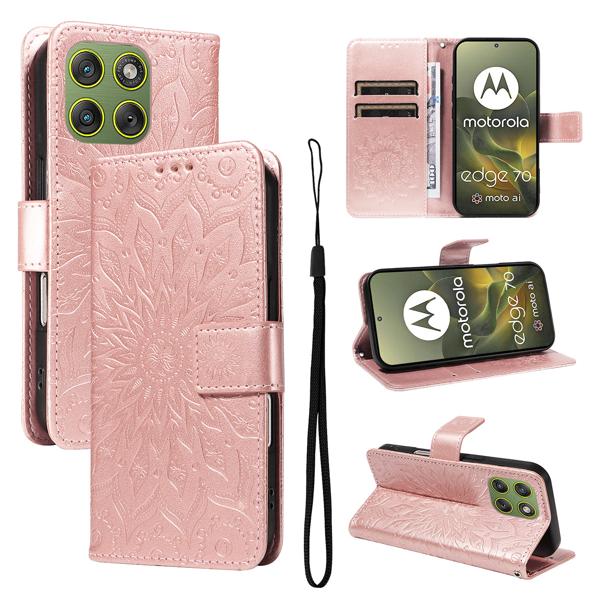 For Motorola Edge 70 5G Leather Wallet Case Sunflower Imprinted Phone Cover -  Rose Gold