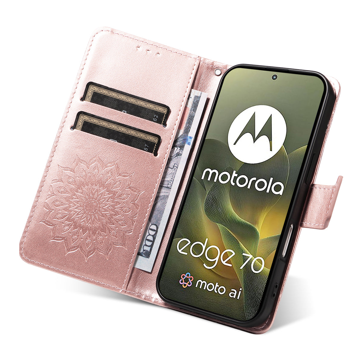 For Motorola Edge 70 5G Leather Wallet Case Sunflower Imprinted Phone Cover -  Rose Gold