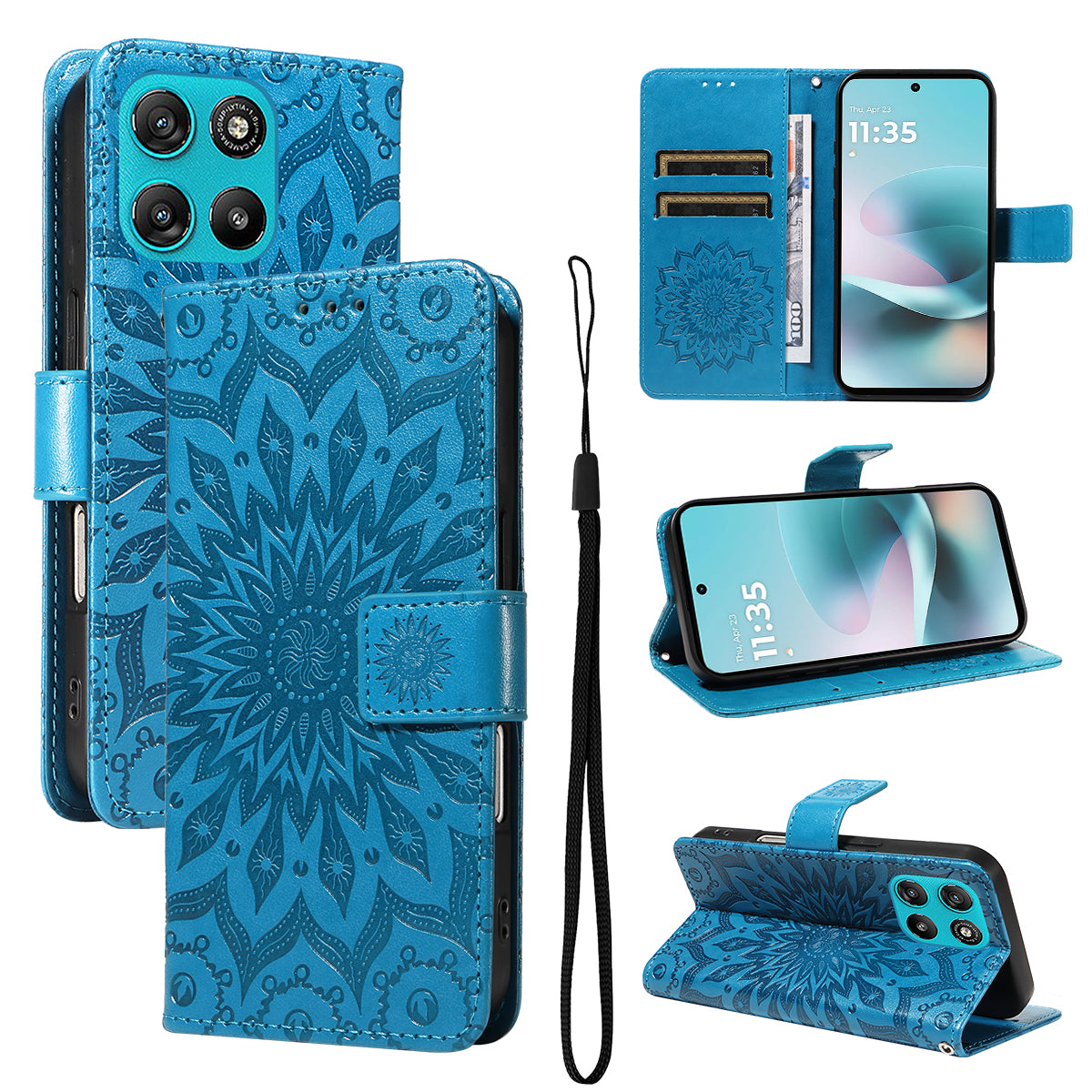 For Motorola Moto G57 Power 5G / Motorola Moto G100 5G (2025) / Motorola Moto G67 Power 5G Leather Wallet Case Sunflower Imprinted Phone Cover - Blue