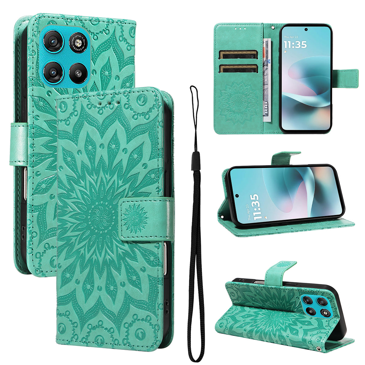 For Motorola Moto G57 Power 5G / Motorola Moto G100 5G (2025) / Motorola Moto G67 Power 5G Leather Wallet Case Sunflower Imprinted Phone Cover - Green