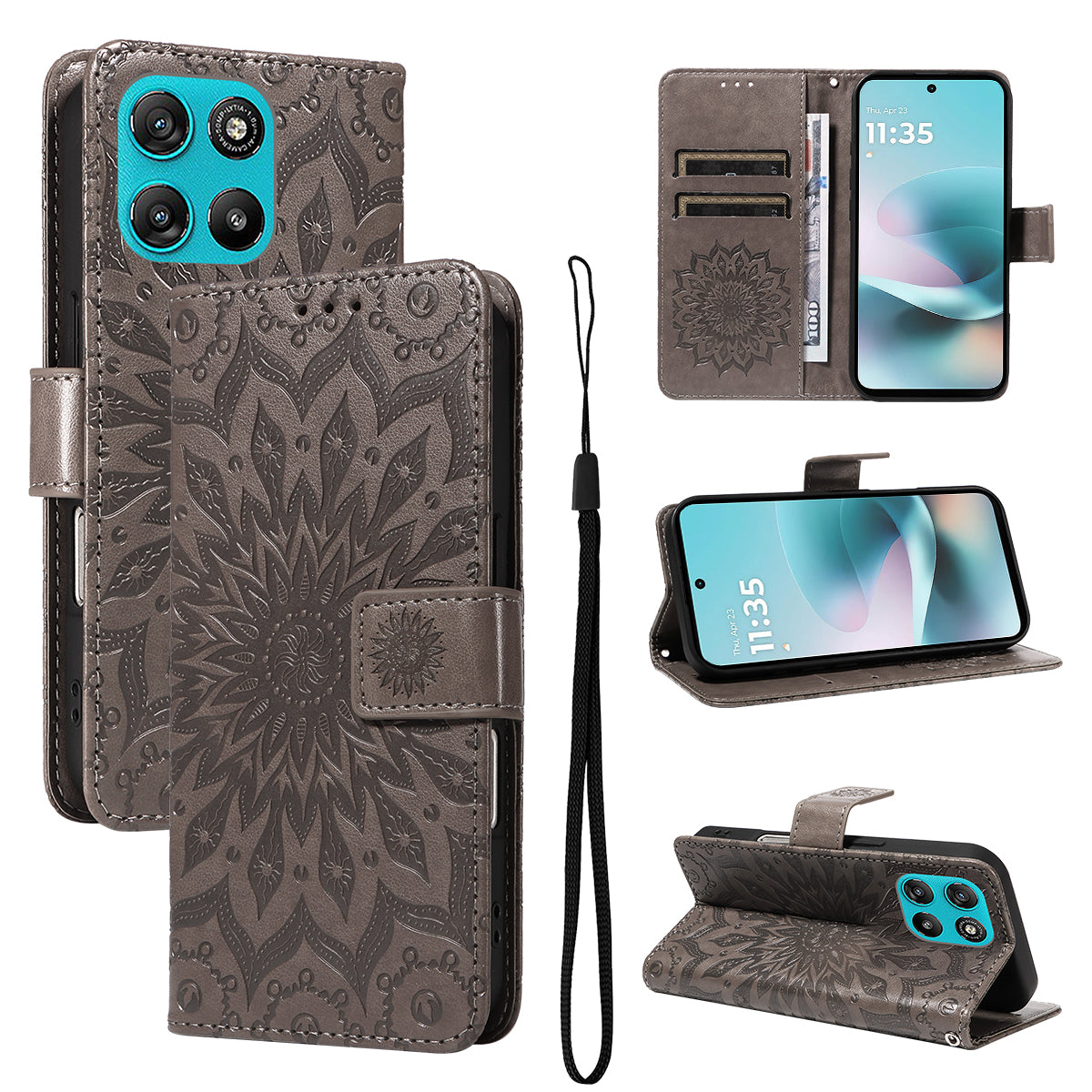 For Motorola Moto G57 Power 5G / Motorola Moto G100 5G (2025) / Motorola Moto G67 Power 5G Leather Wallet Case Sunflower Imprinted Phone Cover - Grey