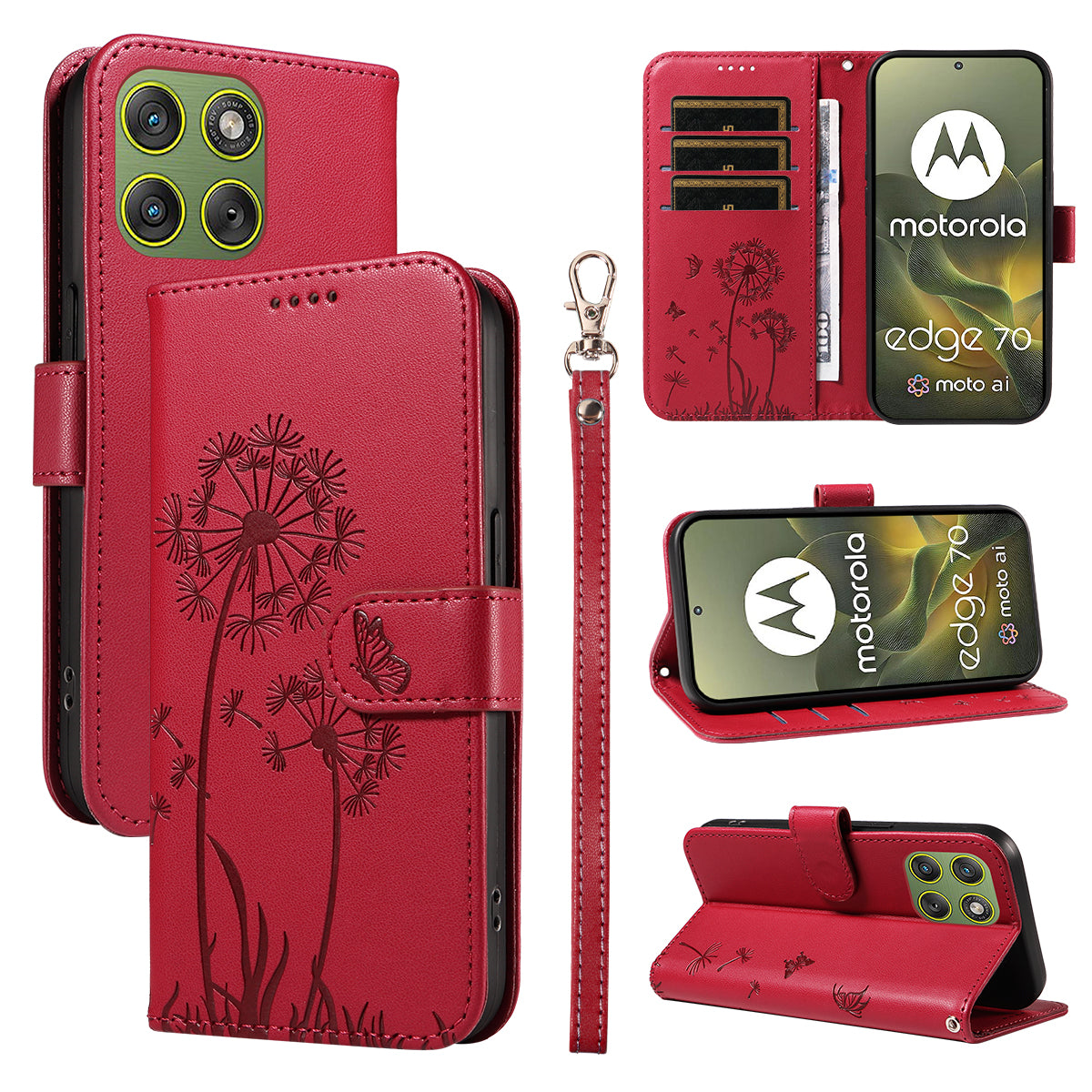 For Motorola Edge 70 5G Leather Wallet Case with Strap Dandelion Imprint Phone Stand Cover - Red