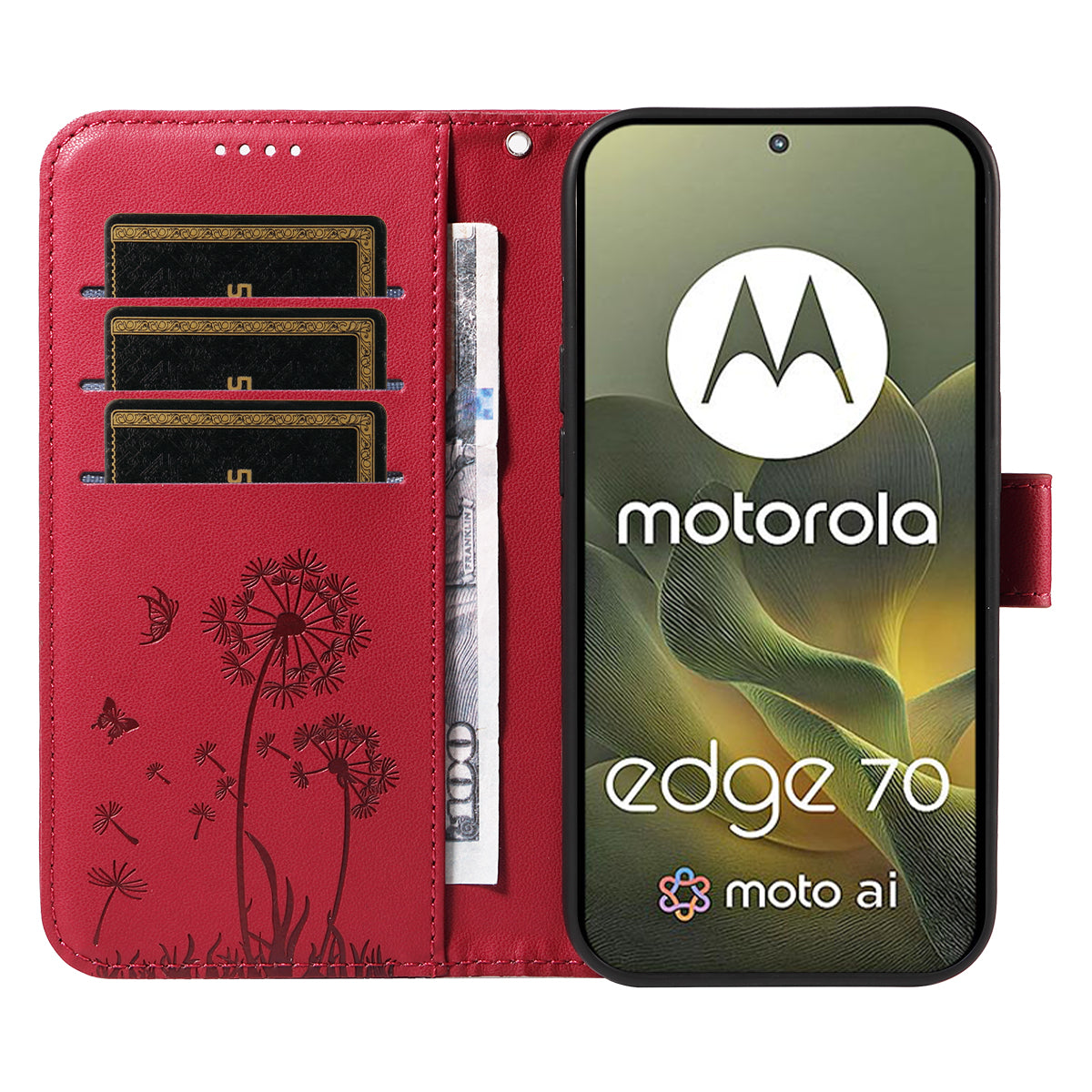 For Motorola Edge 70 5G Leather Wallet Case with Strap Dandelion Imprint Phone Stand Cover - Red
