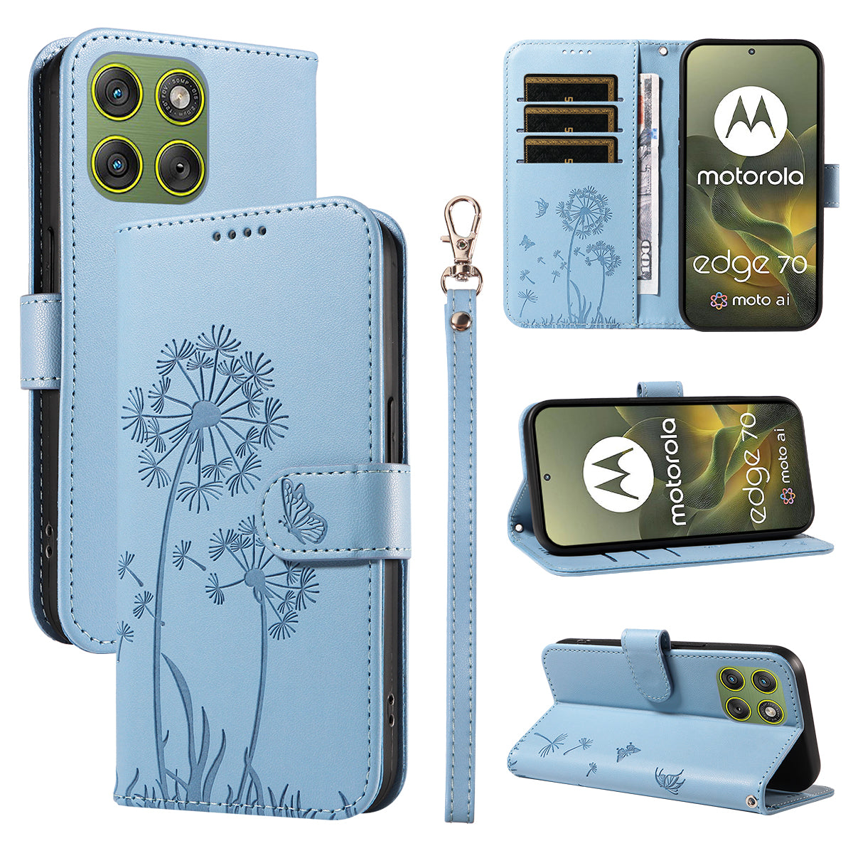 For Motorola Edge 70 5G Leather Wallet Case with Strap Dandelion Imprint Phone Stand Cover - Sky Blue