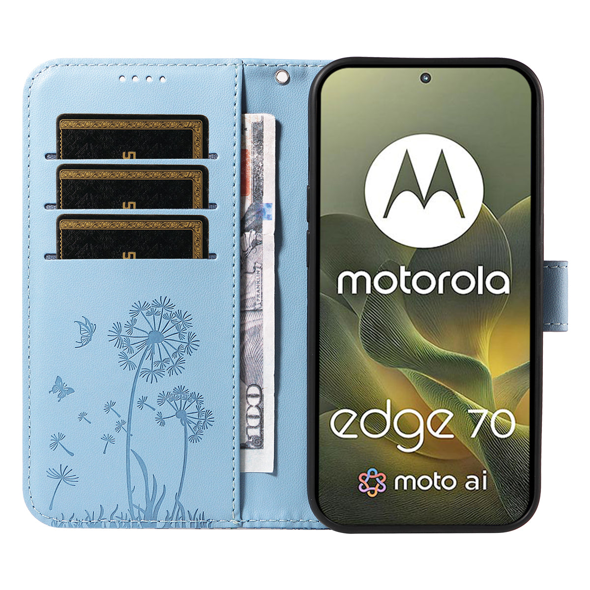 For Motorola Edge 70 5G Leather Wallet Case with Strap Dandelion Imprint Phone Stand Cover - Sky Blue