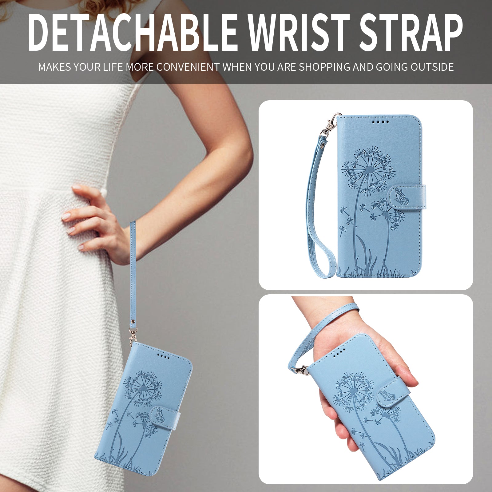 For Motorola Edge 70 5G Leather Wallet Case with Strap Dandelion Imprint Phone Stand Cover - Sky Blue