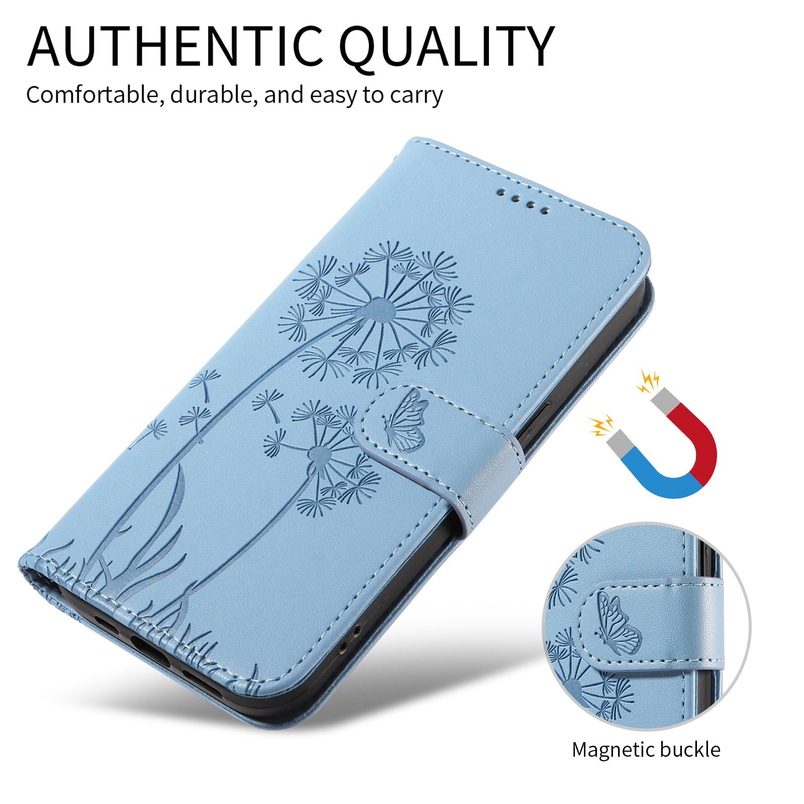 For Motorola Edge 70 5G Leather Wallet Case with Strap Dandelion Imprint Phone Stand Cover - Sky Blue