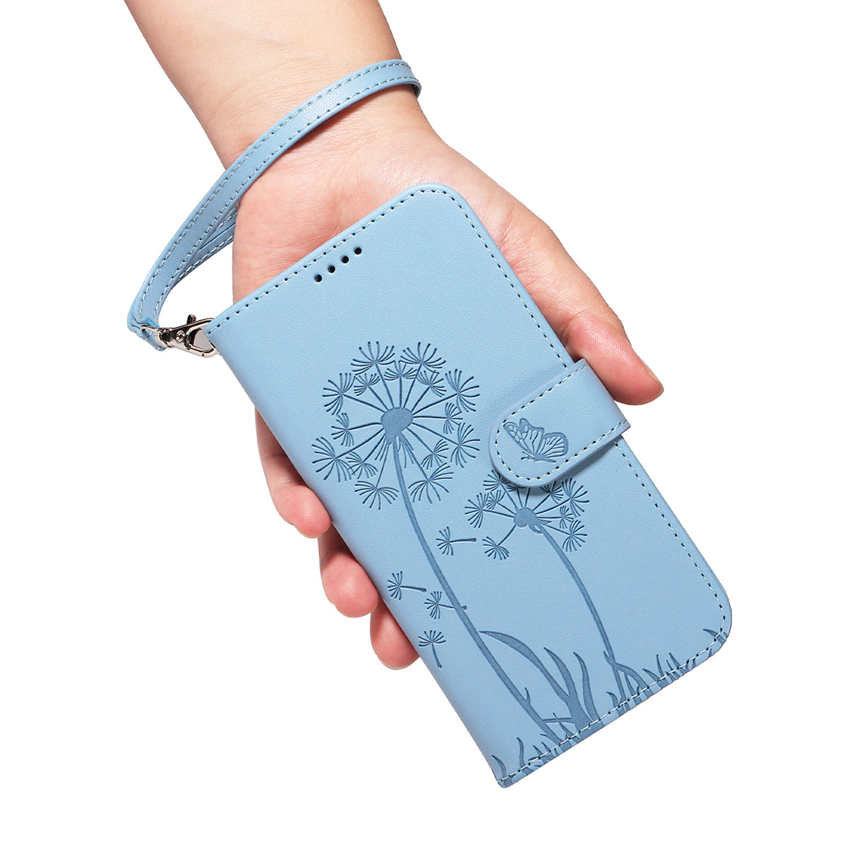 For Motorola Edge 70 5G Leather Wallet Case with Strap Dandelion Imprint Phone Stand Cover - Sky Blue