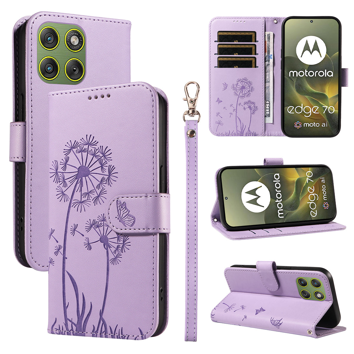 For Motorola Edge 70 5G Leather Wallet Case with Strap Dandelion Imprint Phone Stand Cover - Purple