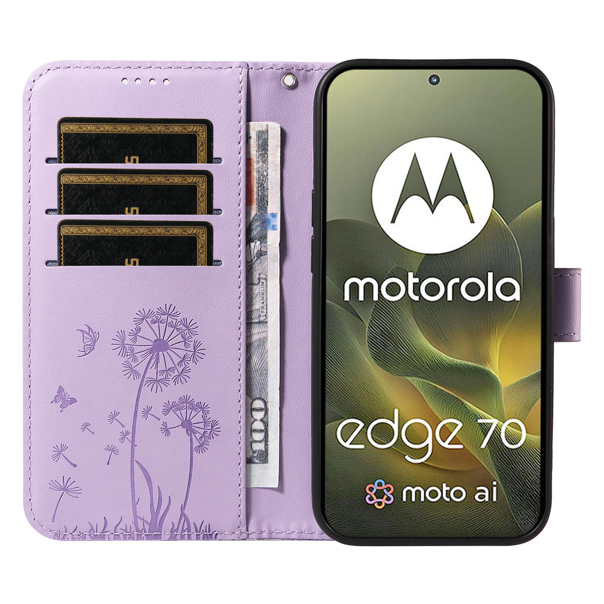 For Motorola Edge 70 5G Leather Wallet Case with Strap Dandelion Imprint Phone Stand Cover - Purple