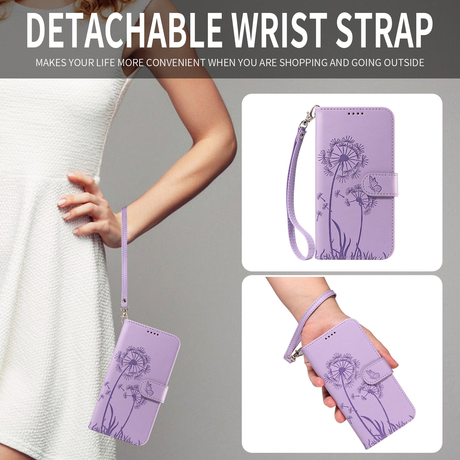 For Motorola Edge 70 5G Leather Wallet Case with Strap Dandelion Imprint Phone Stand Cover - Purple