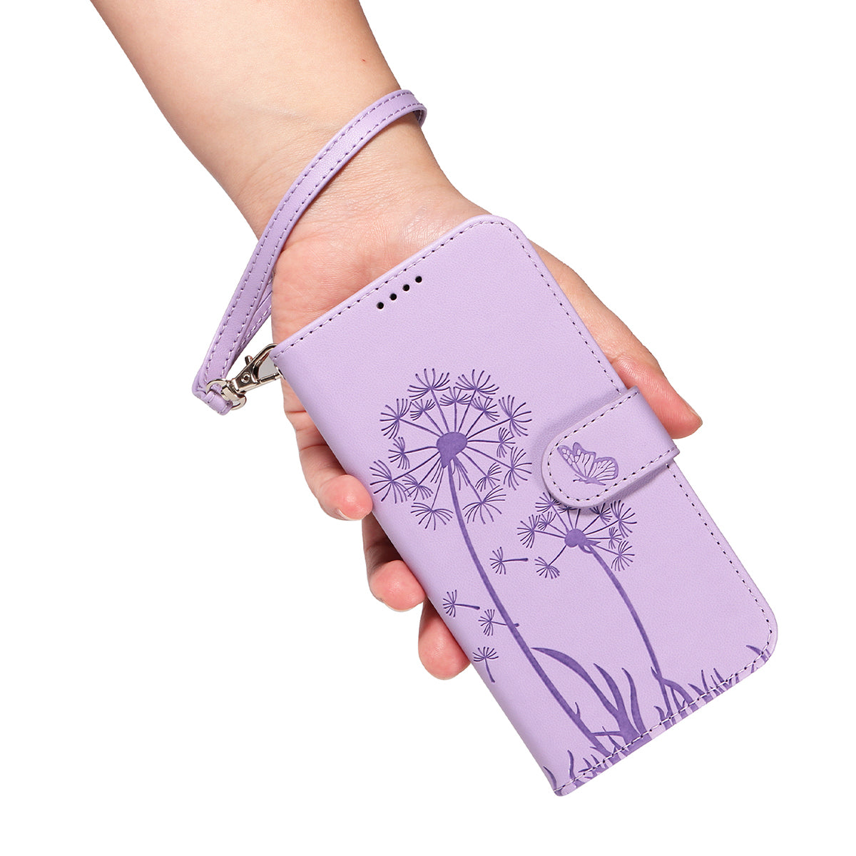 For Motorola Edge 70 5G Leather Wallet Case with Strap Dandelion Imprint Phone Stand Cover - Purple