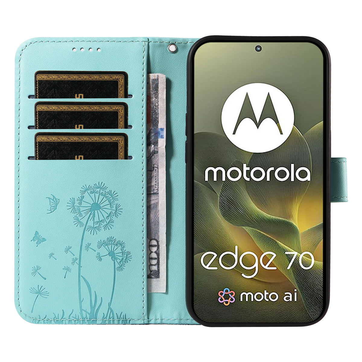 For Motorola Edge 70 5G Leather Wallet Case with Strap Dandelion Imprint Phone Stand Cover - Green