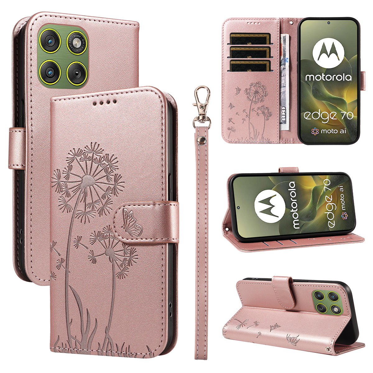 For Motorola Edge 70 5G Leather Wallet Case with Strap Dandelion Imprint Phone Stand Cover - Rose Gold