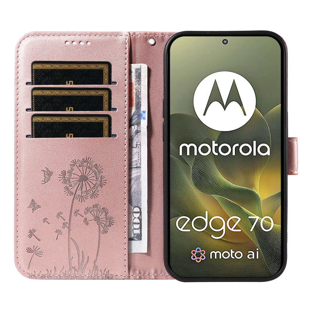For Motorola Edge 70 5G Leather Wallet Case with Strap Dandelion Imprint Phone Stand Cover - Rose Gold