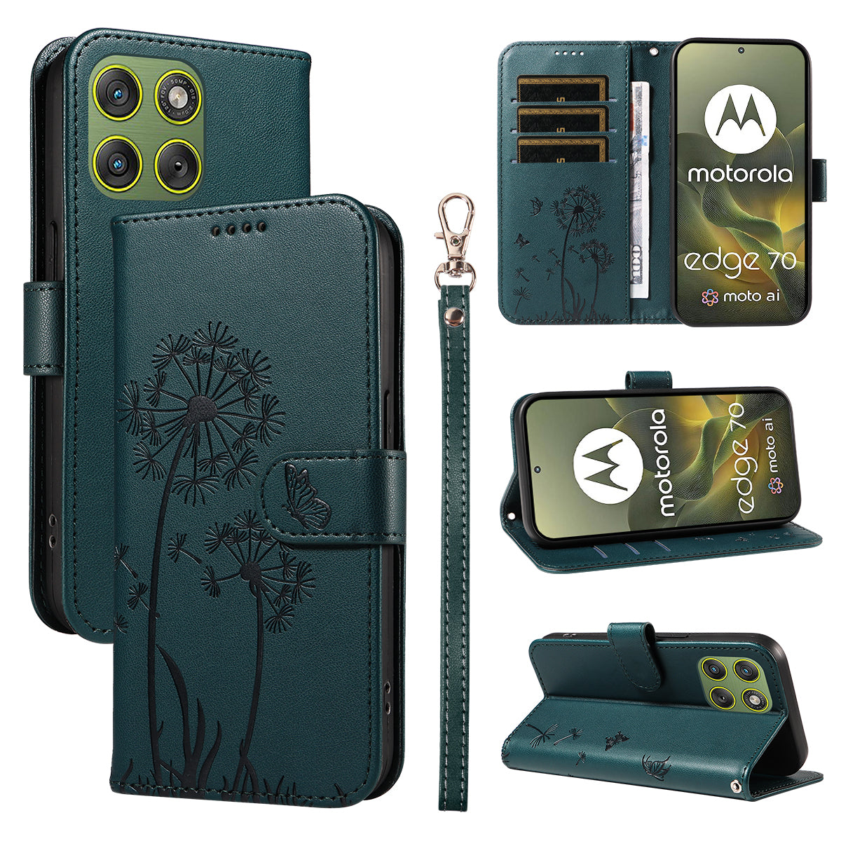 For Motorola Edge 70 5G Leather Wallet Case with Strap Dandelion Imprint Phone Stand Cover - Blue